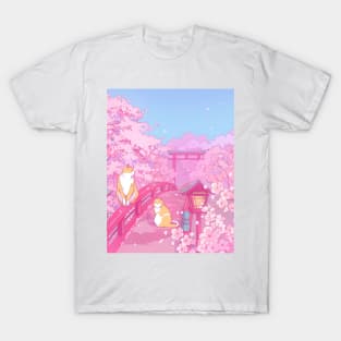 The Japanese  shrine, cute cats, and pink sakura blossom T-Shirt